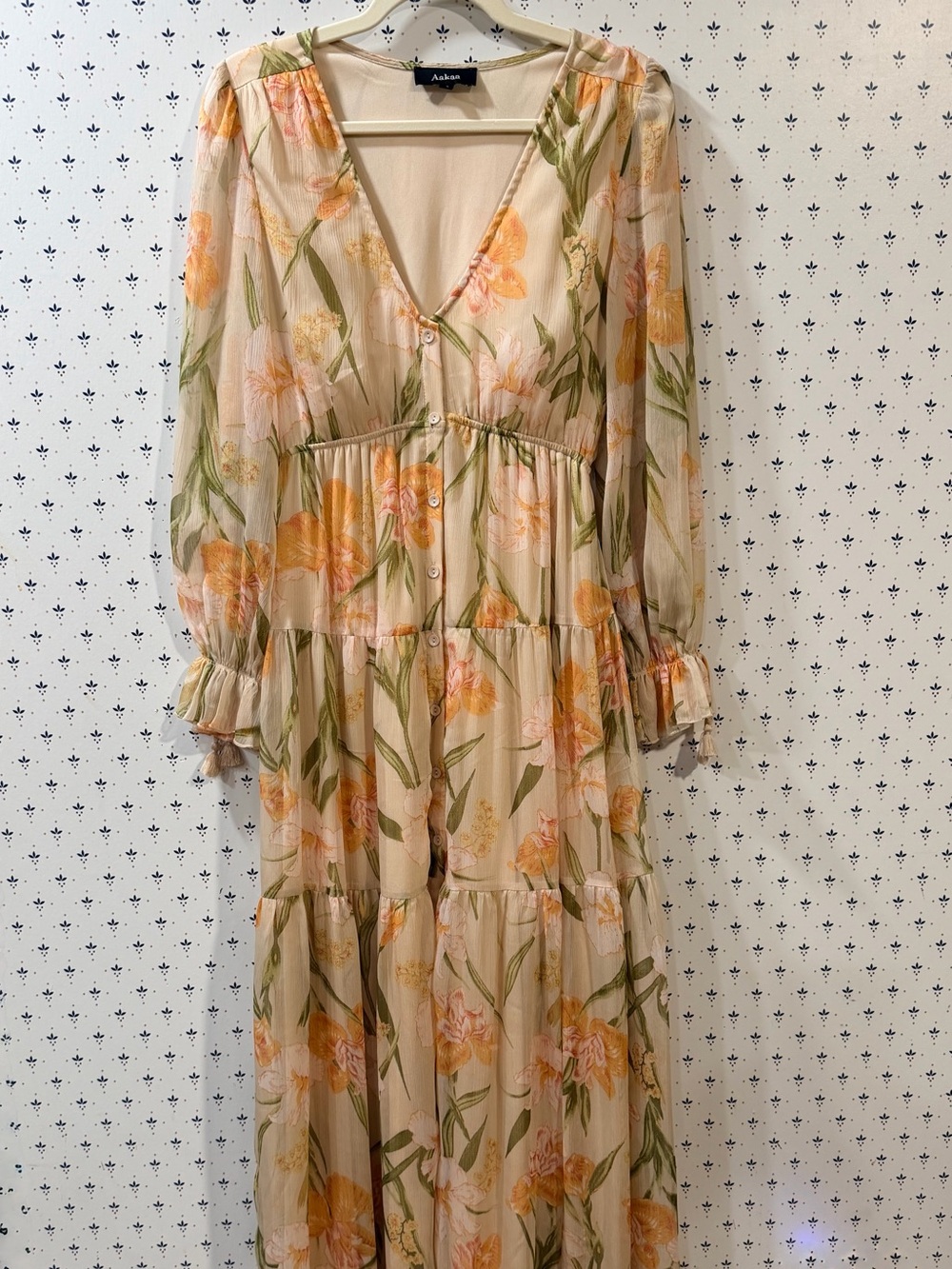 Aakaa Cream Orange Floral Chiffon Tiered Maxi Dress - Size S